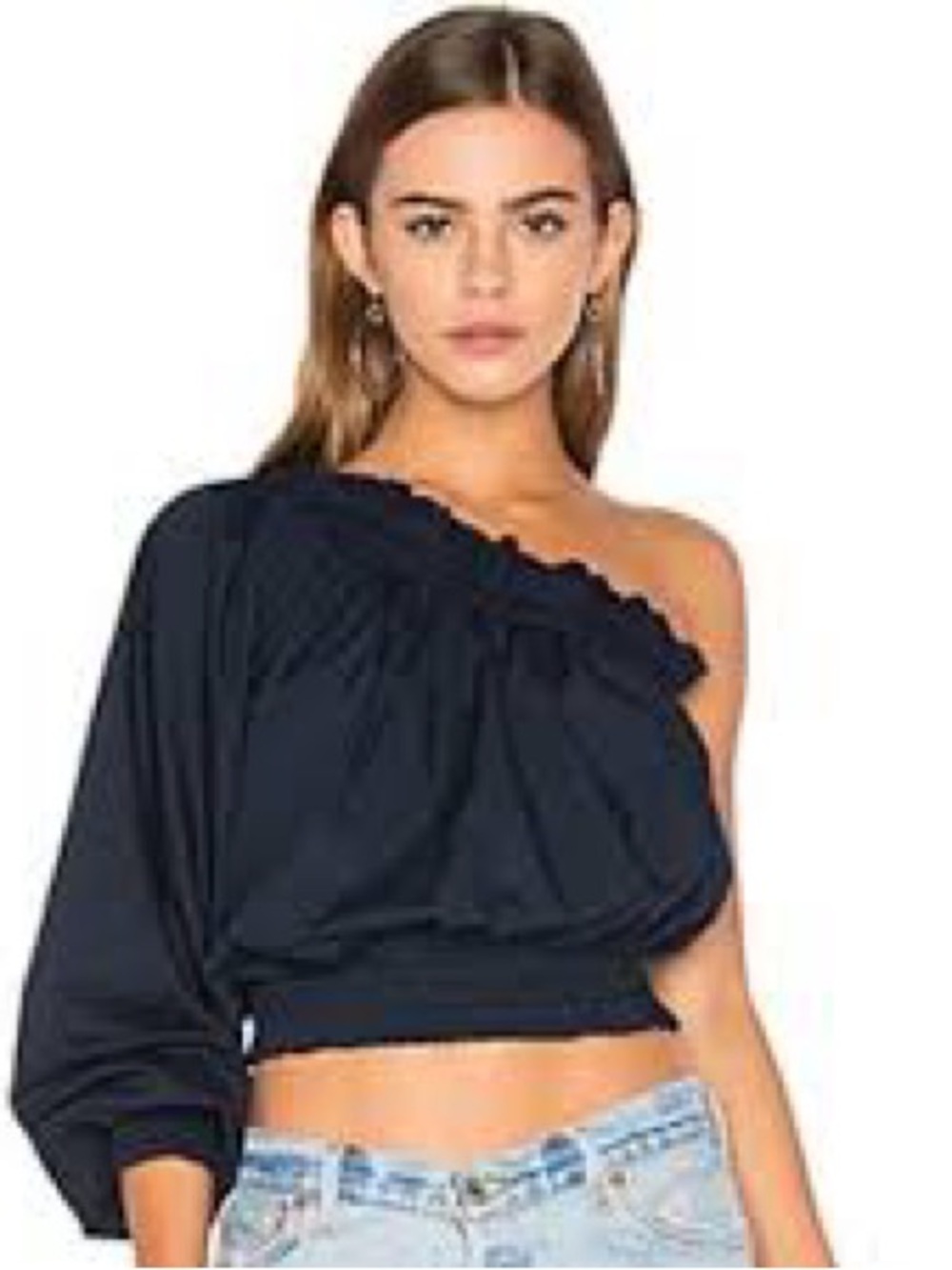 Free People Navy One-Shoulder Long Sleeve Crop Top Size S